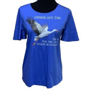 Upcycled Hand Printed Small Ukraine Flag Stork Bird Slava Ukraini Artist Tee